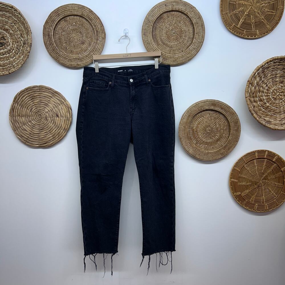 Old Navy High Rise OG Straight Leg Black Denim Jeans 12 Distressed Frayed